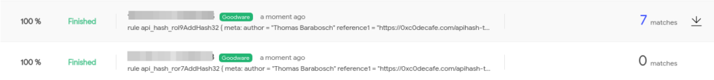 VirusTotal Retrohunt on Goodware corpus with top100_apis_malpedia.yar