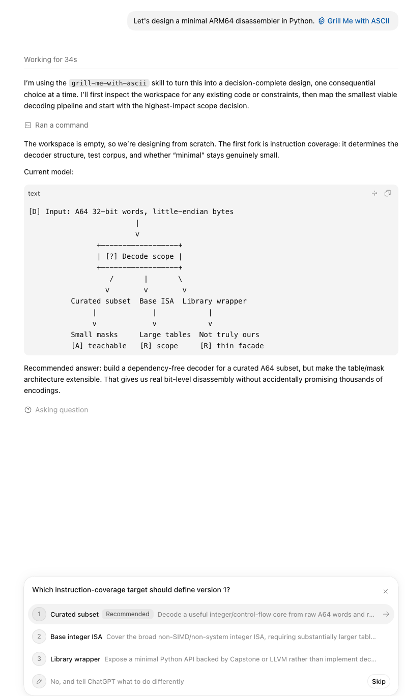Codex using Grill Me with ASCII to compare three instruction-coverage options for a minimal ARM64 disassembler
