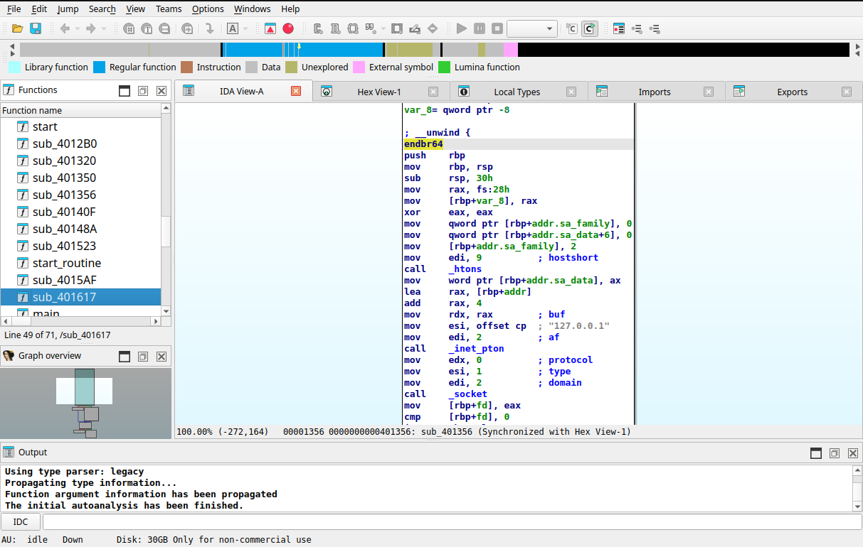 IDA Free 9.4 before IDC categorization, showing the six anonymous fixture functions