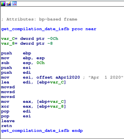 ISFB fork LOLSnif loads compilation date as plaintext string for string decryption.