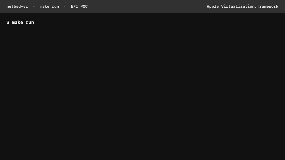 Animated condensed terminal transcript of NetBSD 11 booting through EFI on Apple VZ and shutting down cleanly