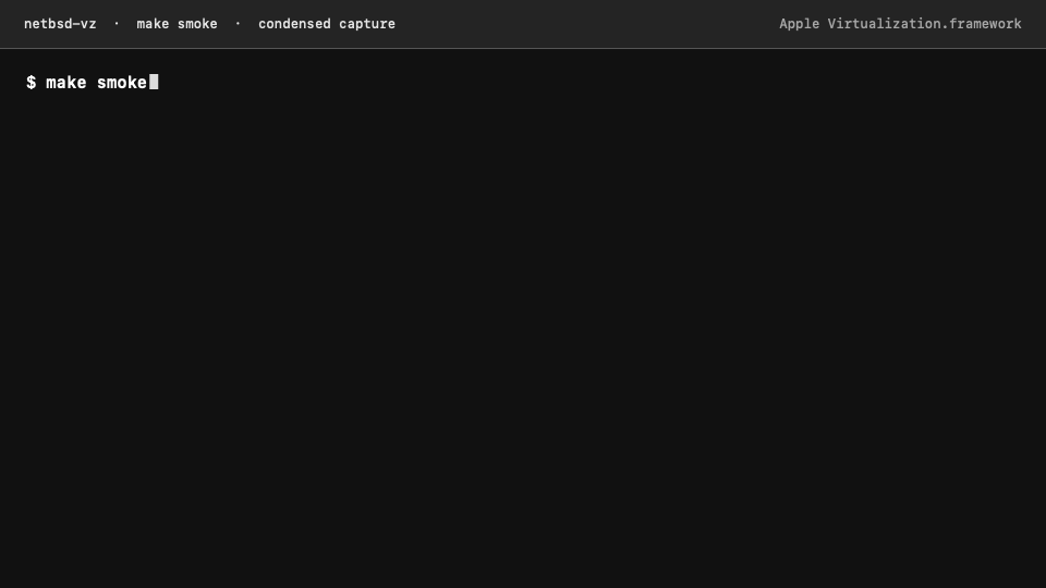 Animated condensed terminal transcript of NetBSD 11 booting on Apple VZ and shutting down cleanly