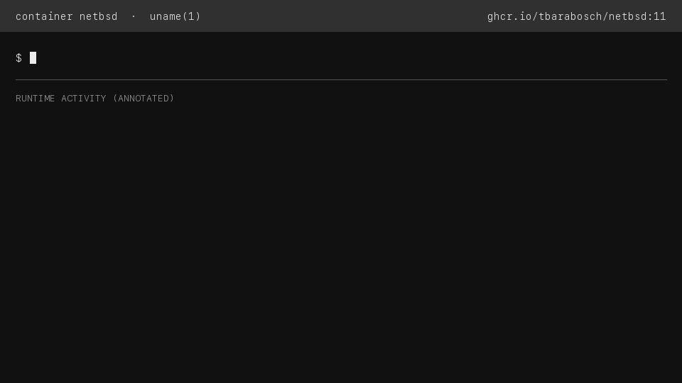 Animated terminal showing container netbsd pulling the GHCR image, assembling its disk, booting NetBSD 11 and executing uname